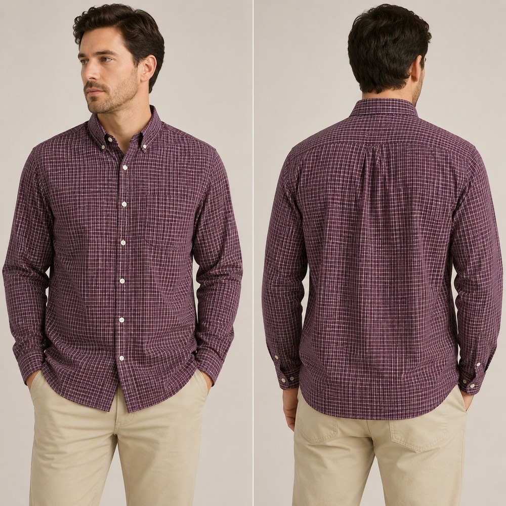 Eddie Bauer Mens Large Burgundy‎ Grid Wrinkle Free Relaxed Fit Button Down Shirt